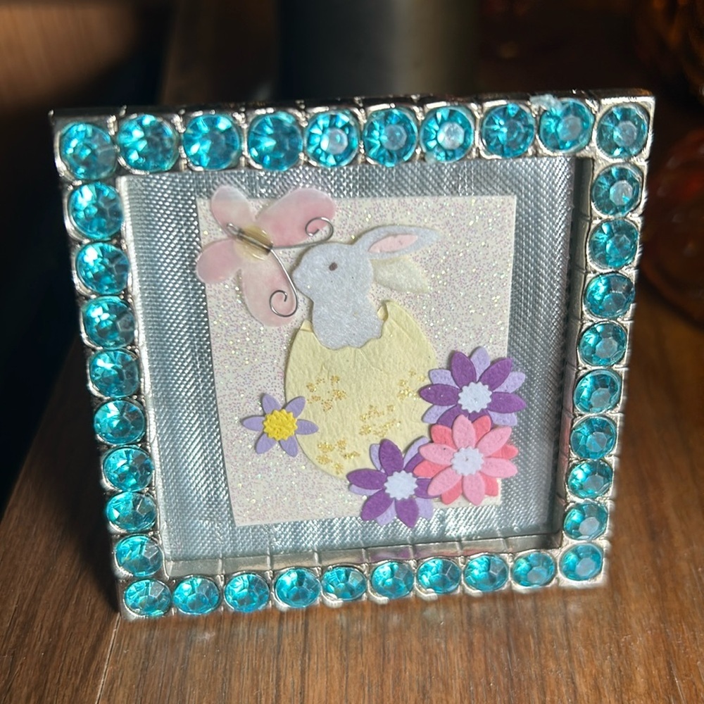 Vintage Easter Springtime Scene in a Turquoise Rhinestone Easel-Back Frame